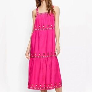Loft Pink Tiered Dress with embroidered Floral Accents
